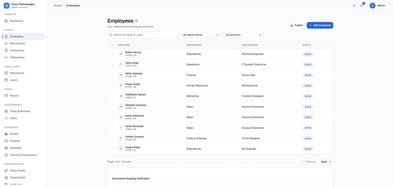 Employee directory listing names, employee codes, departments, job positions and status, with search and filters.