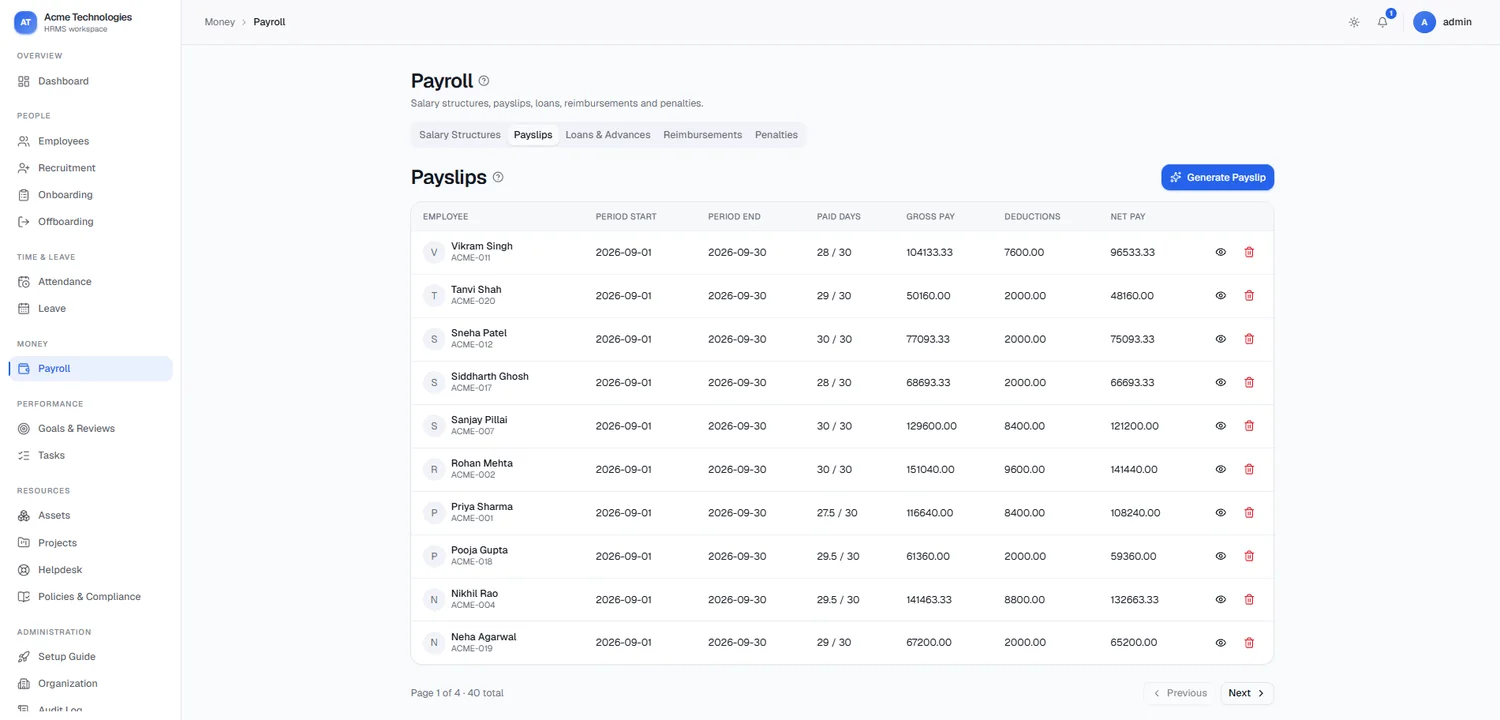 Payroll screen listing payslips with paid days, gross pay, deductions and net pay for each employee.