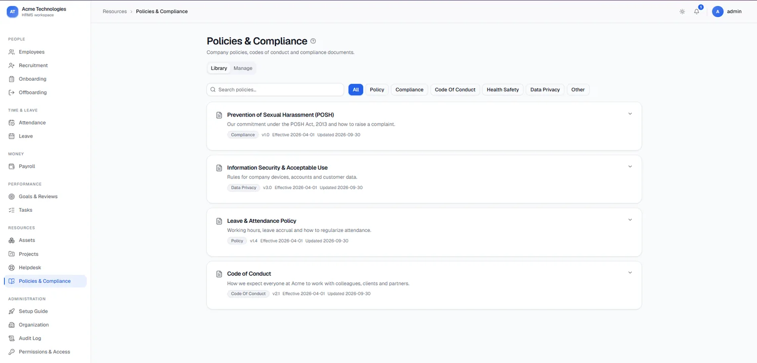 Policies and compliance library with POSH, information security, leave and attendance policy, and code of conduct.