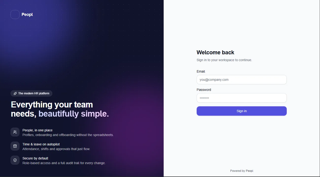 The Peopl sign-in page: Everything your team needs, beautifully simple, with role-based access and a full audit trail.